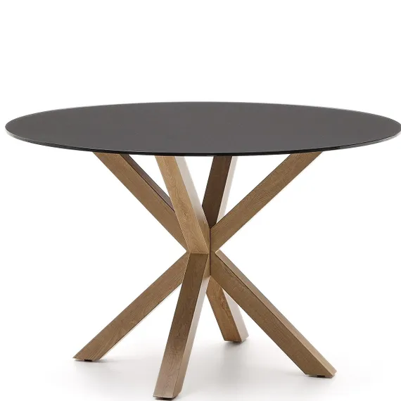 Стол Argo Ø120 см, матовое черное стекло, стальные ножки под дерево