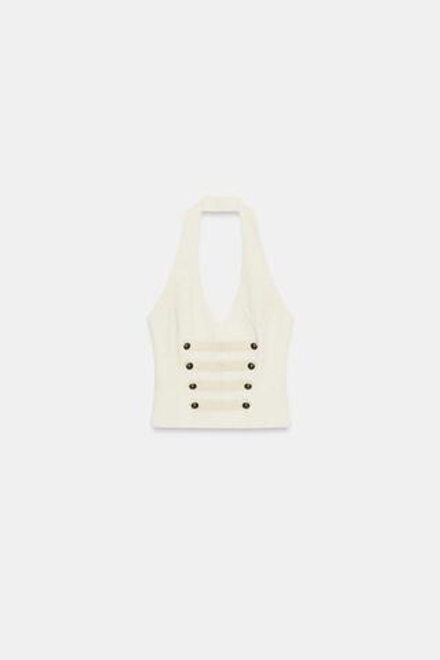 ZARA ТОП ИЗ ЖАККАРДА С ГОРЛОВИНОЙ ХАЛТЕР И НАВЕСНЫМИ ПЕТЛЯМИ, ЭКРЮ