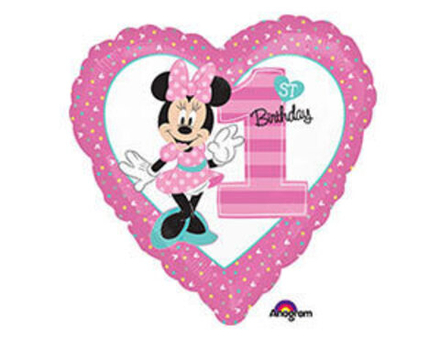 Шар фольгированный (45 см) Сердце, Минни Маус 1-й День Рождения, 1 шт.