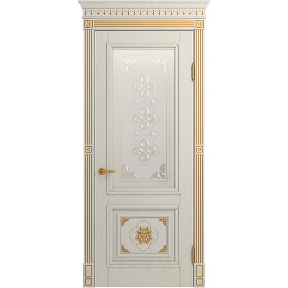 Межкомнатная дверь массив дуба Viporte Монако белая эмаль патина золото остеклённая