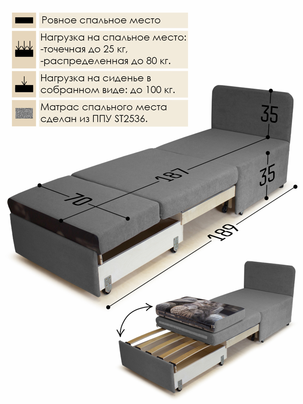 Кресло-кровать "Миник" 70 см, купон Котенок в клубках