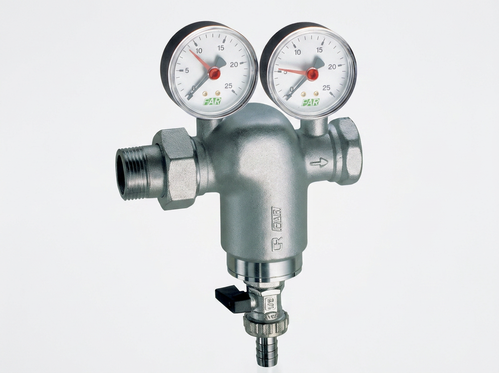 Фильтр 3/4", НР-ВР, 100 мкм, с манометром, Tmax: 95 °С, 25 бар FAR