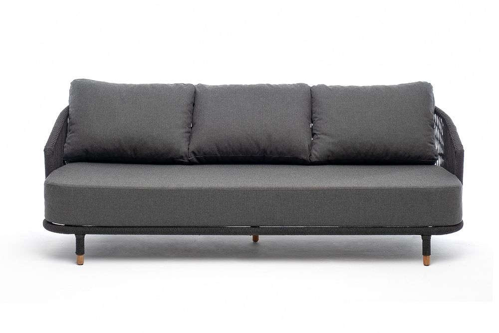 "Верона" диван 3-местный плетеный из роупа, каркас алюминий темно-серый (RAL7024) муар, роуп темно-серый круглый, ткань темно-серая 027