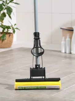 Швабра для мытья пола PVA с роликовым отжимом Доляна 120 см, телескопическая ручка 70-105 см, насадка 27×6 см, цвет чёрный