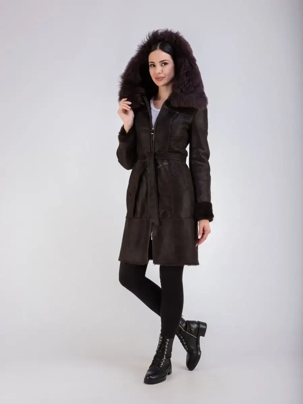 Дубленка женская натуральная с капюшоном длинная Турция