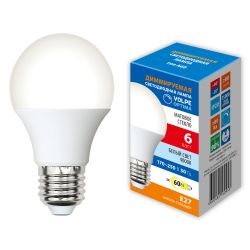 LED-A60-6W-4000K-E27-FR-DIM-SLS Лампа светодиодная. диммируемая. Форма A. матовая. Белый свет 4000K. ТМ Volpe