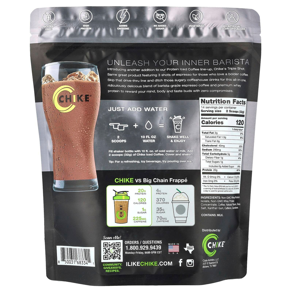 Chike Nutrition, протеиновый холодный кофе, тройная порция, эспрессо со сливками, 448 г (15,8 унции)