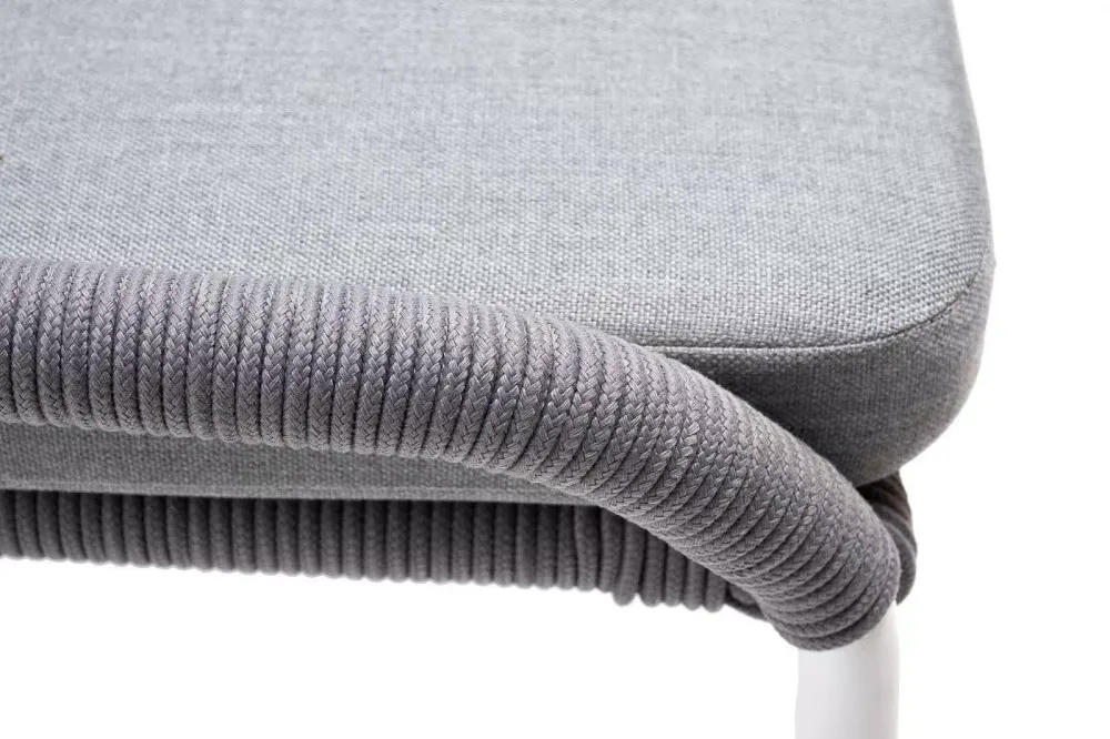 "Милан" стул плетеный из роупа, каркас алюминий белый муар, роуп светло-серый круглый, ткань светло-серая