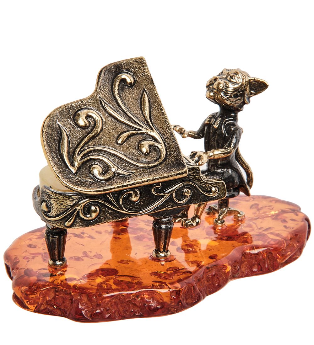 AM-1976 Фигурка «Кот за роялем» (латунь, янтарь)