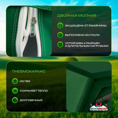 Пневмокаркасная всесезонная палатка «Тёплая Искра» 3,6×4,8×2,2 м — с печкой, из ПВХ, зелёная