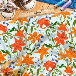 Ткань шифон красные лилии и мелкие колокольчики