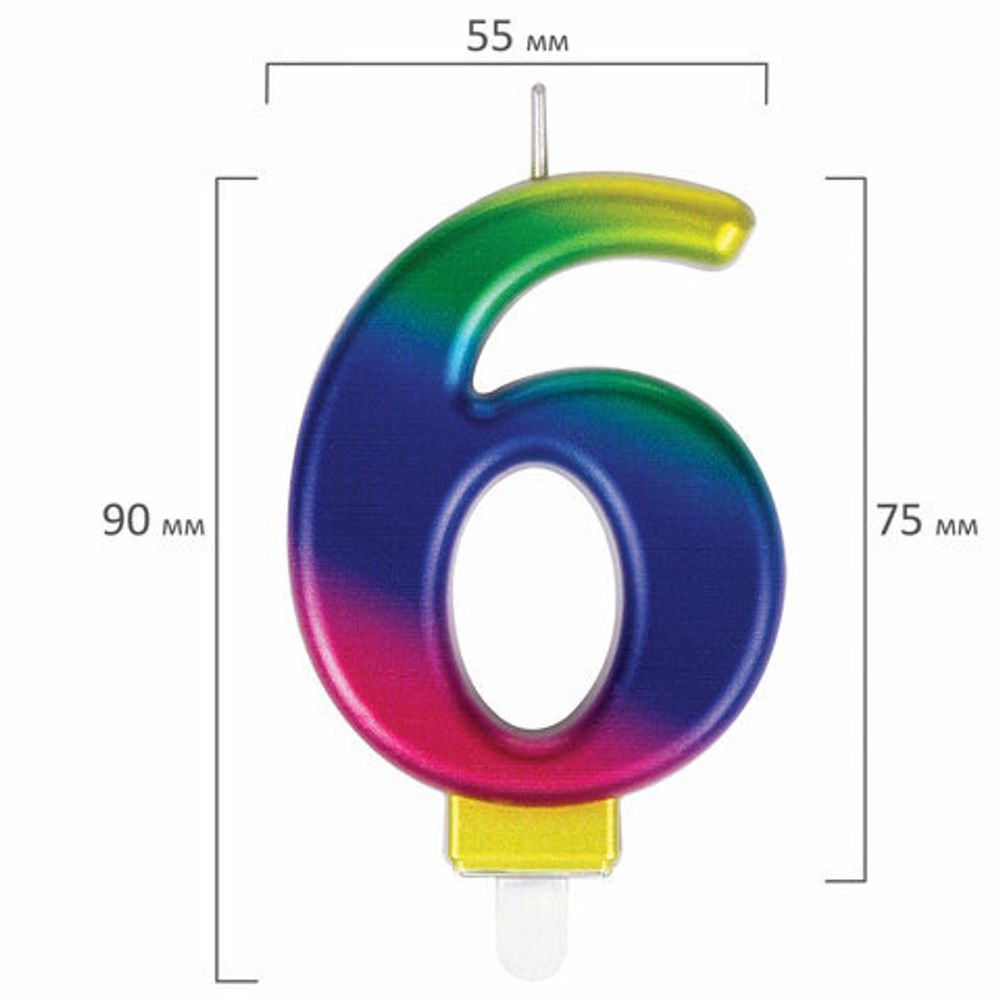 Свеча-цифра для торта "6" "Радужная", 9 см, ЗОЛОТАЯ СКАЗКА, с держателем, в блистере, 591439