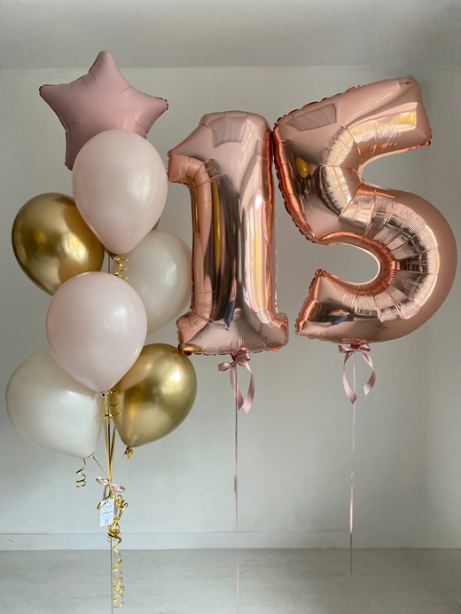 Воздушные шары на пятнадцатилетие цифры 15 розовое золото песок/золото/пыльная роза №3815