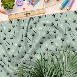 Ткань лён пустые одуванчики на зелёном фоне