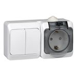 Schneider Electric ЭТЮД Белый Блок: 2-клавишный Выключатель (схема 5) + Розетка с заземляющими контактами IP44 открытая установка BPA16-242B