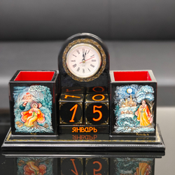 Настольный набор с часами и календарем с ручной росписью Палех "Русские сказки"