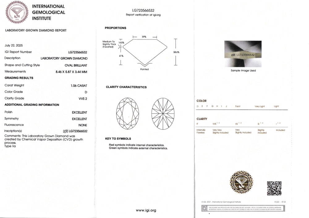 Лабораторно-выращенный бриллиант овал 8.46 х 5.87 х 3.44 мм D/VVS2 1.06 ct