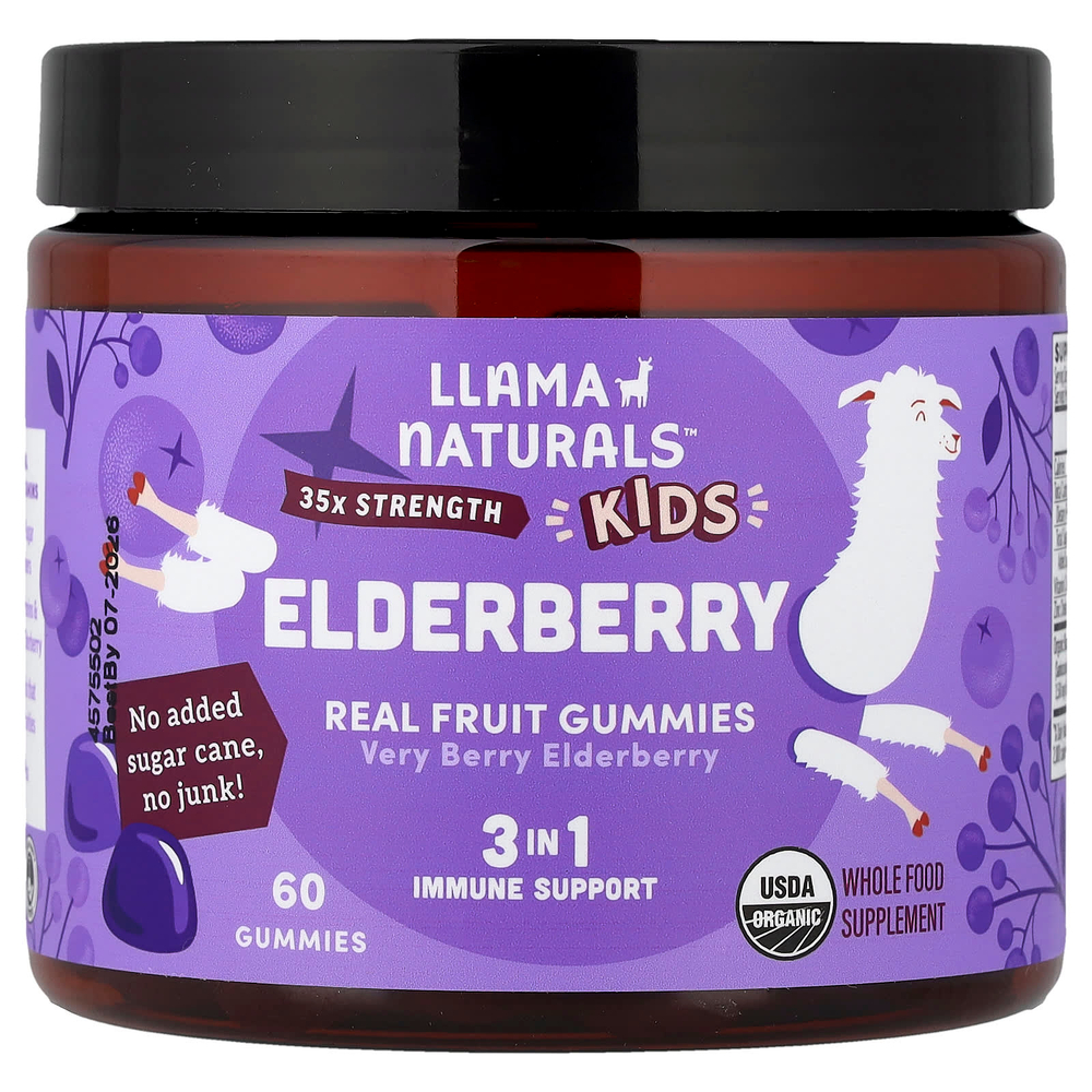 Llama Naturals, бузина для детей, натуральные фруктовые жевательные таблетки, с ягодным вкусом, 60 жевательных таблеток