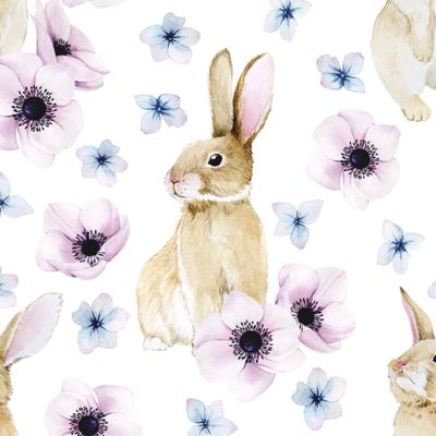 Милые пасхальные кролики с цветами на белом фоне