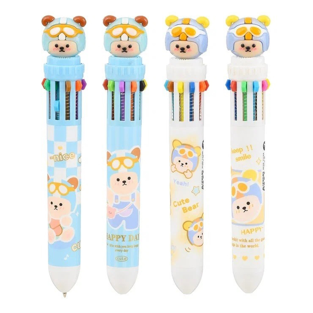 Ручка шариковая, автоматическая, 10в1, Odemei, 10-ти цветная, серия "МИШКА ГОНЩИК", с резиновой фигуркой, 40 шт