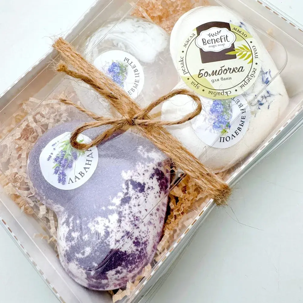 Набор бомбочек "Сердце полевые цветы XL, сердце лаванда XL + мыло полевые цветы"
