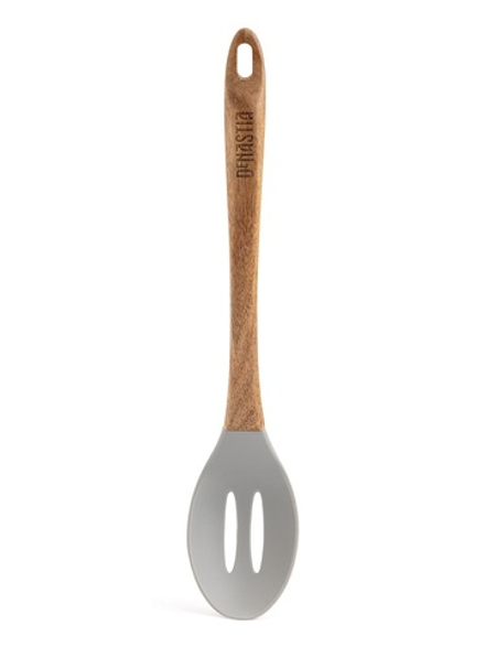 Ложка кулинарная с прорезями DeNASTIA с деревянной ручкой 33x6,2x1,6, силикон+акация, серый