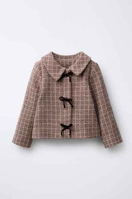 ZARA КУРТКА ИЗ РЕЛЬЕФНОЙ ТКАНИ В КЛЕТКУ С БАРХАТНЫМИ БАНТАМИ, ПАСТЕЛЬНО-РОЗОВЫЙ