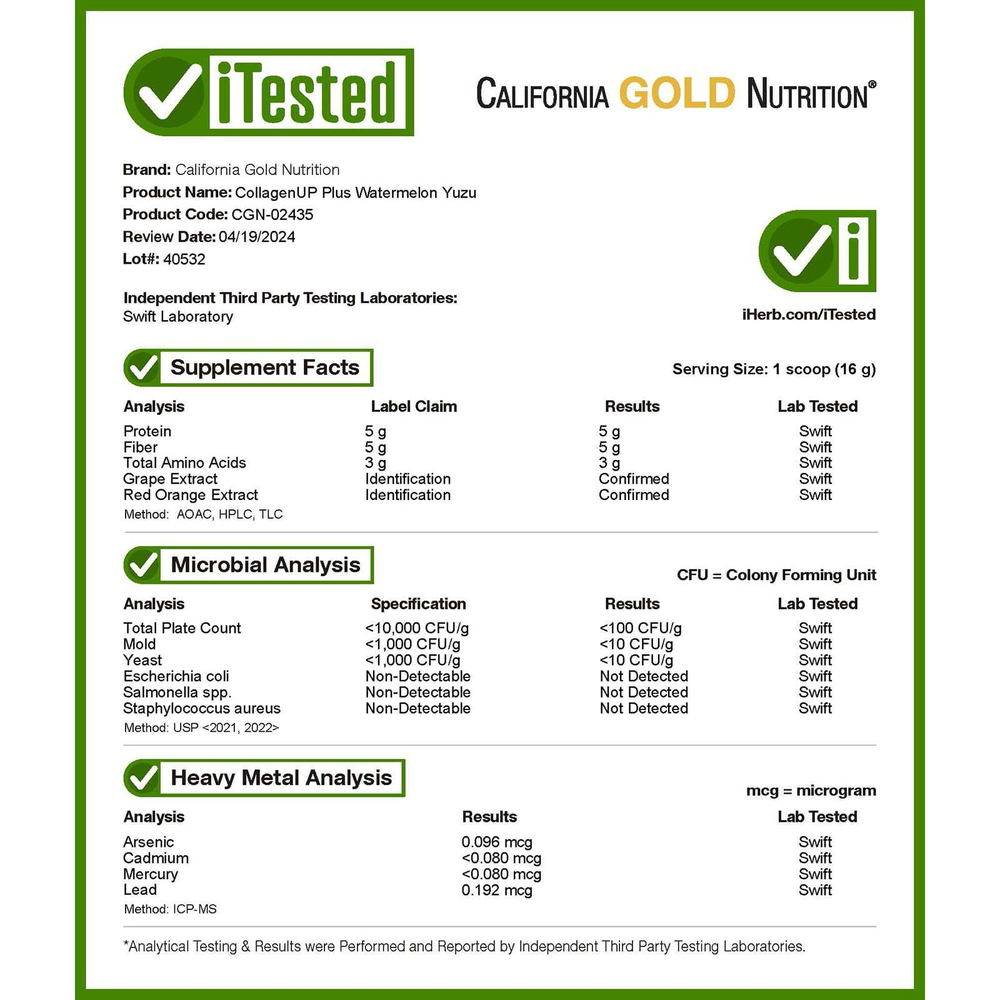 California Gold Nutrition, CollagenUp Plus, пептиды гидролизованного морского коллагена с клетчаткой и незаменимыми аминокислотами, со вкусом арбуза и юдзу, 494 г (1,09 фунта)