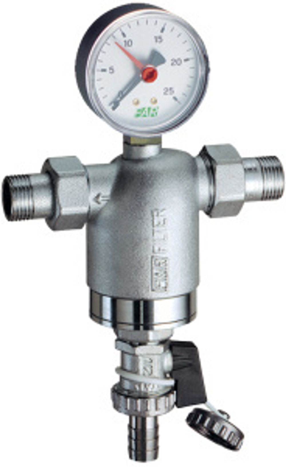 Фильтр 3/4", НР-НР, 100 мкм, с манометром, Tmax: 95 °С, 25 бар FAR