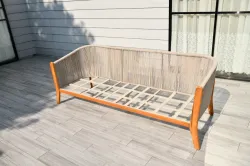 "Сидней" диван 3-местный плетеный из роупа, основание тик, каркас алюминий бежевый, роуп бежевый, ткань бежевая