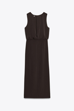 ZARA ПЛАТЬЕ МИДИ СО СБОРКАМИ НА ТАЛИИ, КОРИЧНЕВЫЙ