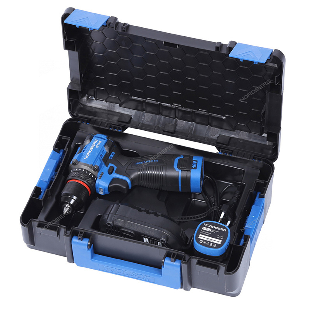 NORDBERG (NE104K) Шуруповерт аккумуляторный макс.диам. сверла 10 мм, 16 В, 60 Нм с 2 аккум. и зар.устр