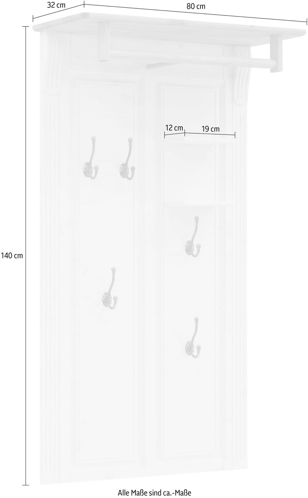 Вешалка настенная для одежды Сюзанна 80х32х140 см из массива сосны, деревянная вешалка в прихожую, белый/антик