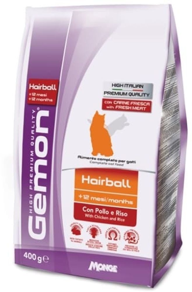 Gemon 400г Cat Hairball корм для выведение шерсти для взрослых кошек с курицей и рисом