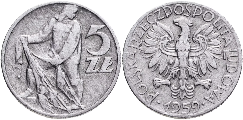 Польша 5 злотых, 1958 - 1974 Рыбак VF