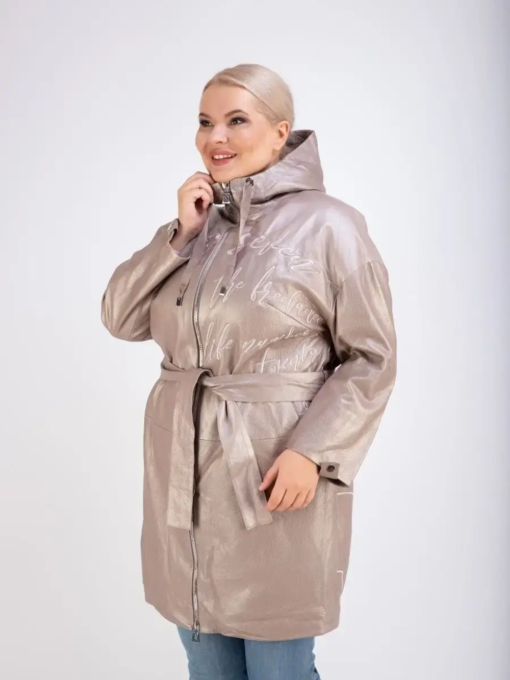 Кожаный плащ длинный с капюшоном пальто