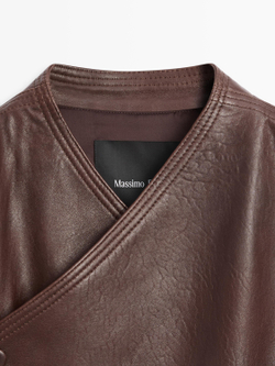 Massimo Dutti Бомбер асимметричного кроя из кожи наппа, коричневый