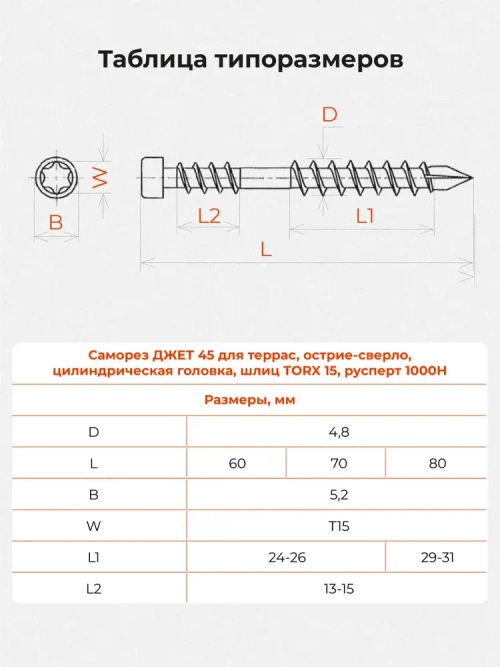 Саморез по дереву Gwozdeck для Террасной доски Потайной 5,0*70 Окрашенный Torx15 Упаковка 400 шт., подходит для ДЖЕТ 45/ДЖЕТ 90