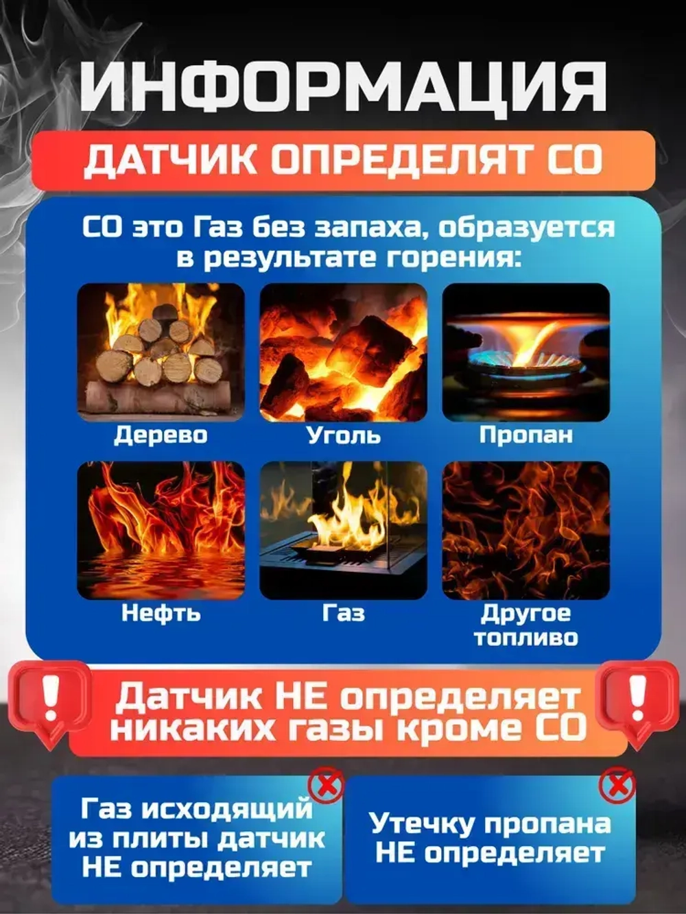 Датчик угарного газа - Сигнализатор измеритель CO - Цифровой автономный для обнаружения утечки - Детектор дыма с сиреной