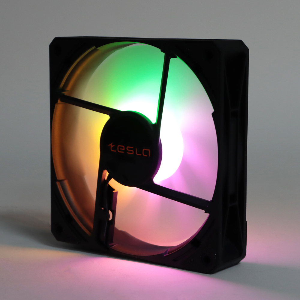 Вентилятор TESLA RGB120-LB, 120мм, 1200rpm, 3-pin+Molex, черный-белый/FRGB, 38CFM, 21дБ, антивибропрокладки (TSL-120-LB)