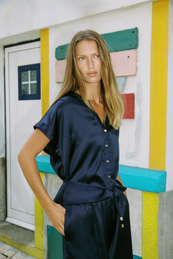 ZARA БРЮКИ WIDE LEG ИЗ АТЛАСНОЙ ТКАНИ, МОРСКОЙ СИНИЙ