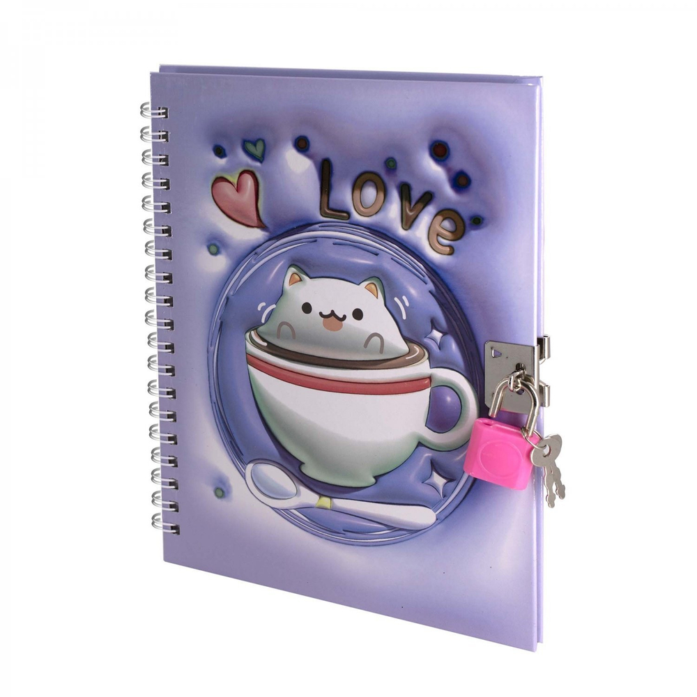 Блокнот в футляре, 17,5 см * 19,5 см, гребень, Alingar, ламин, эффект 3D, ручка, замочек, клетка, 46 л., "Кот-пухляш", сиреневый