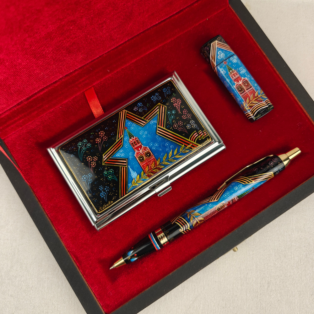 Набор "Кремль. Звезда" визитница, флешка и ручка Parker с ручной росписью Палех в футляре