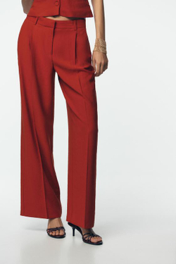 ZARA ШИРОКИЕ БРЮКИ С ЗАЩИПАМИ, ЧЕРЕПИЧНЫЙ