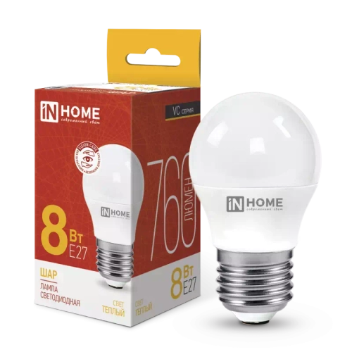 Лампа светодиодная LED-ШАР-VC 8Вт 230В Е27 3000К ТЕПЛЫЙ 760Лм IN HOME