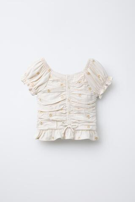ZARA ТОП ИЗ СМЕСОВОГО ЛЬНА СО СБОРКАМИ И ЦВЕТОЧНОЙ ВЫШИВКОЙ, ПЕСОЧНЫЙ