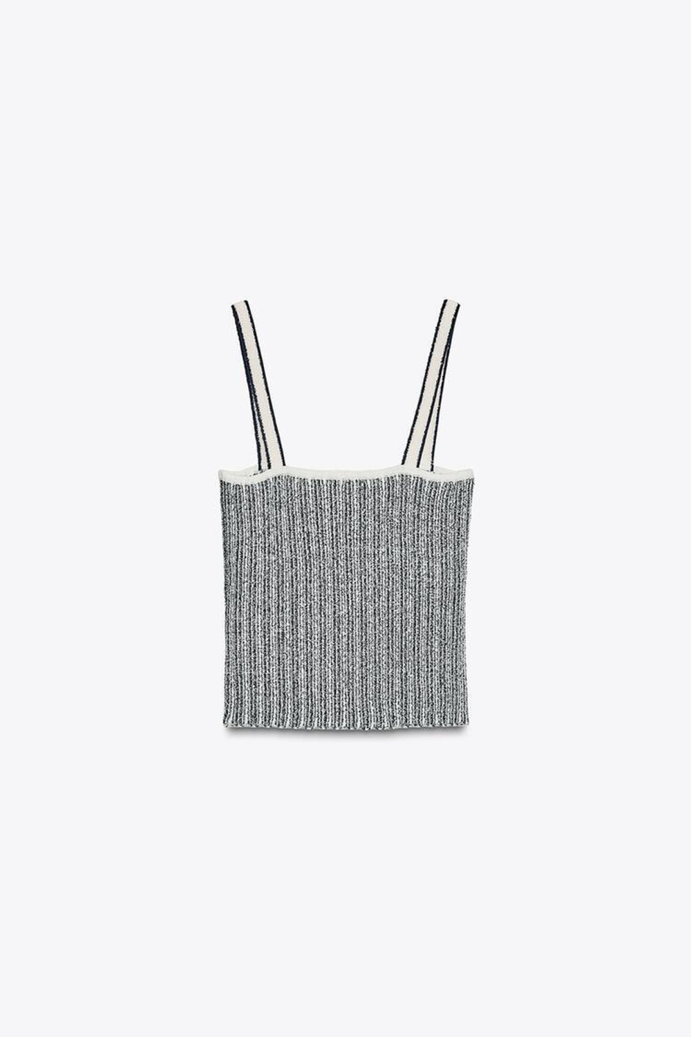 ZARA УКОРОЧЕННЫЙ ТРИКОТАЖНЫЙ ТОП В ПОЛОСКУ, ЭКРЮ/ТЕМНО-СИНИЙ