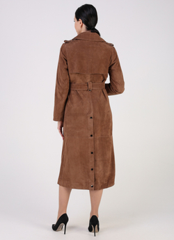 Тренч длинный кожаный с поясом плащ замшевый