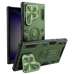 Чехол зеленого цвета (Dark Green) от Nillkin на Samsung Galaxy S24 Ultra с откидной крышкой для камеры и и поддержкой беспроводной зарядки MagSafe, серия CamShield Armor Prop Magnetic