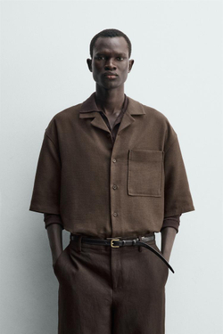 ZARA РУБАШКА BOXY FIT ИЗ РЕЛЬЕФНОЙ ТКАНИ, КОРИЧНЕВЫЙ